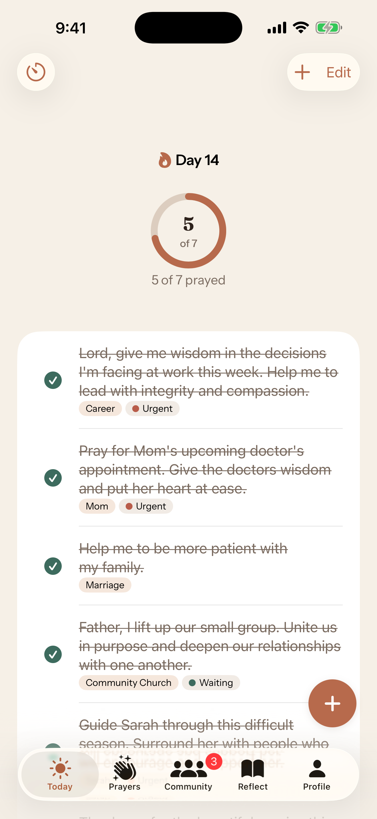 MyPromiseKeeper daily prayer list showing five of seven prayers prayed