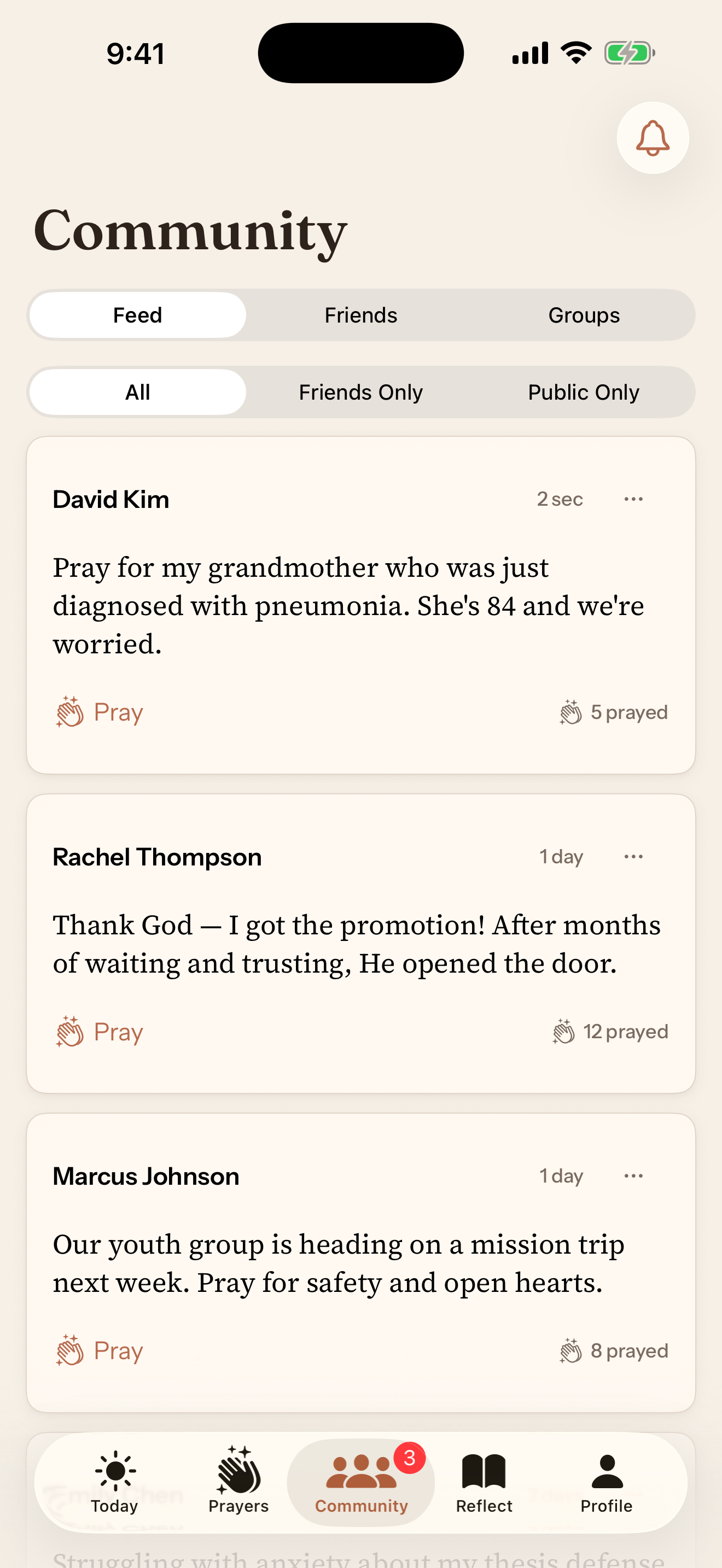 Community feed showing prayer requests from David, Rachel and Marcus